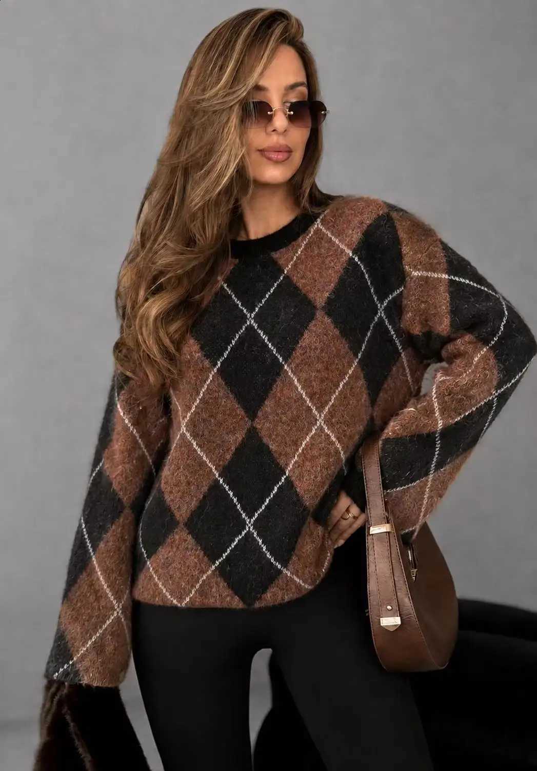 Fashion Winter Women's Autumn Color Block Pattern Preppy Street Retro Round Neck Knitted Long SLeeve Pullover. J260916