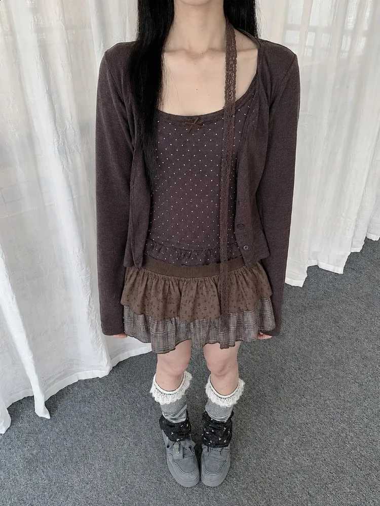 Y2K Harajuku 3Piece Suit Retro Women Sweet Lace Ruffle Strapless Tank Tops Soft Cardigan Polka Dot Mini Skirt Daily StreetW260915