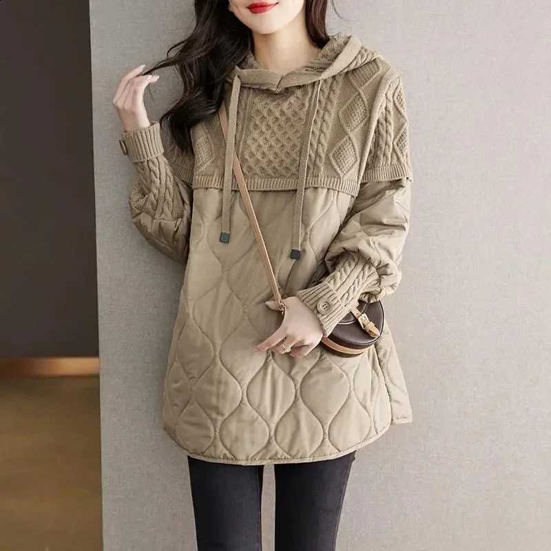 Women's Winter Parka 2024 Splicing Temperament Fashion Down Cotton Jacket Ladies Coat Knitting Appear Thin Hooded Female Jacket H2609171