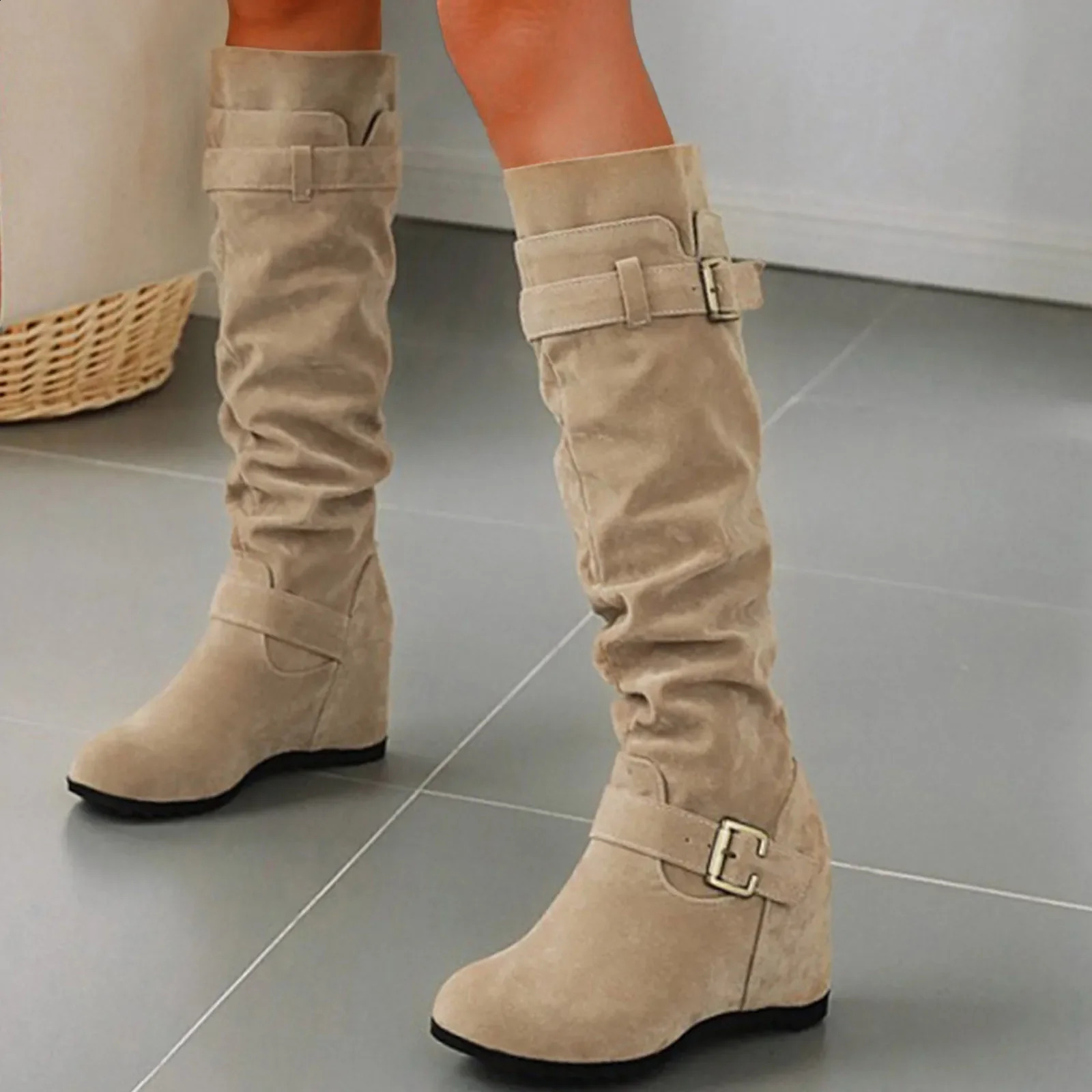 Womens High Heel Boots Ladies Fashion Solid Suede Belt Buckle Decoration With Elevated Wedge Heel Womens Boots Size 9 Knee High 260917