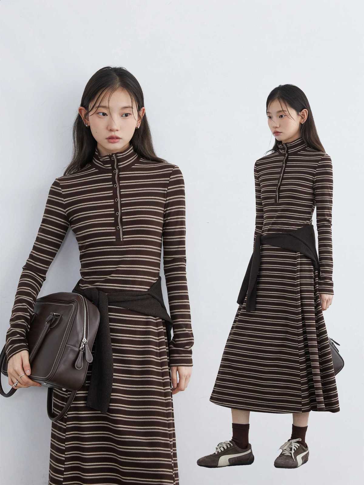 VEN Women Dresses New CHIC Stand Up Collar Slim Waist Contrasting Color Striped Female Long Sleeved Dress Autumn Winter 2025W260915