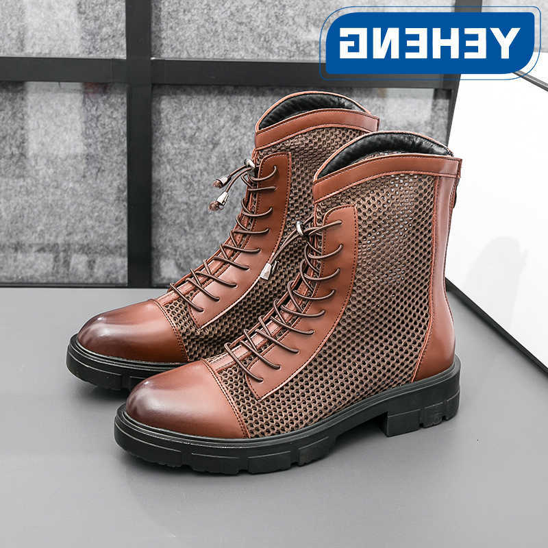 Men's leather boots Designer Summer Thick Sole Mesh Hollow Out Outdoor fashionable Breathable Motorcycle High Bond Leather Shoes D260917
