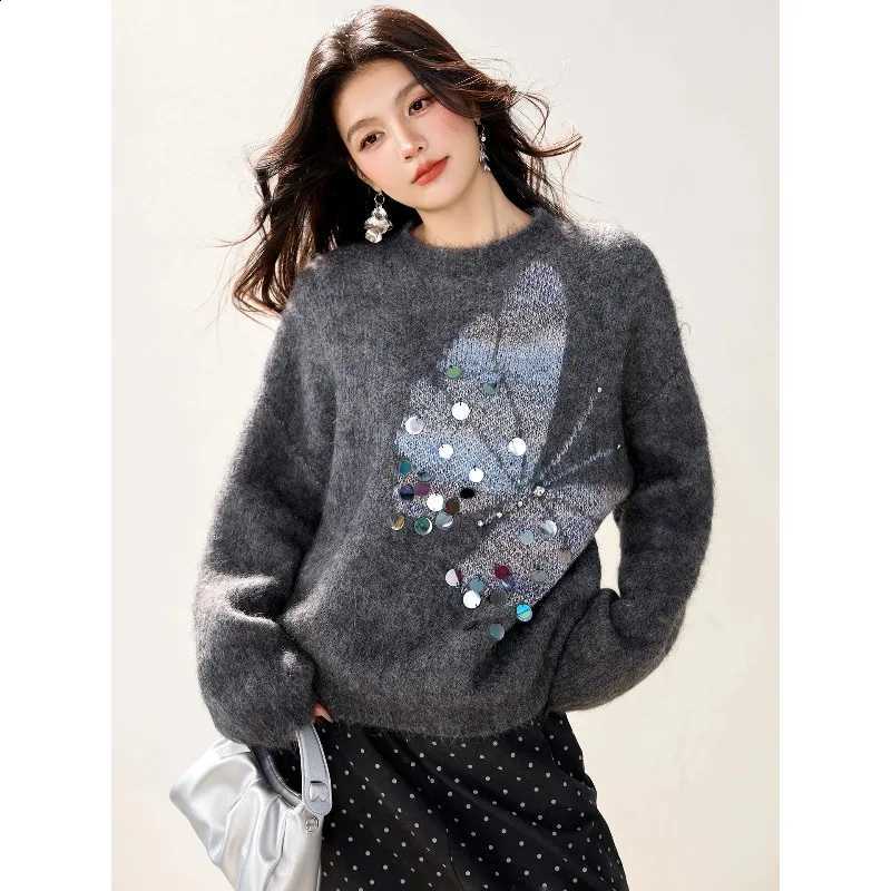 Hand-Stitched Jacquard 2026 Butterfly Sequined Alpaca Wool Knitted Sweater For Women In Autumn J260916