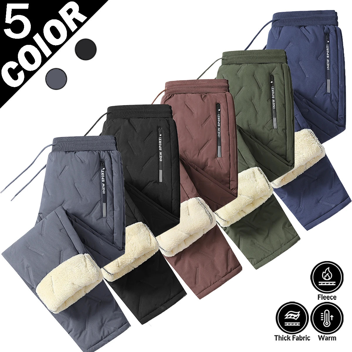 Men Winter Lamb Fleece Lined Quilted Pants Elastic Waist Drawstring Thermal Warm Casual Trousers With Zipper Pockets 260917