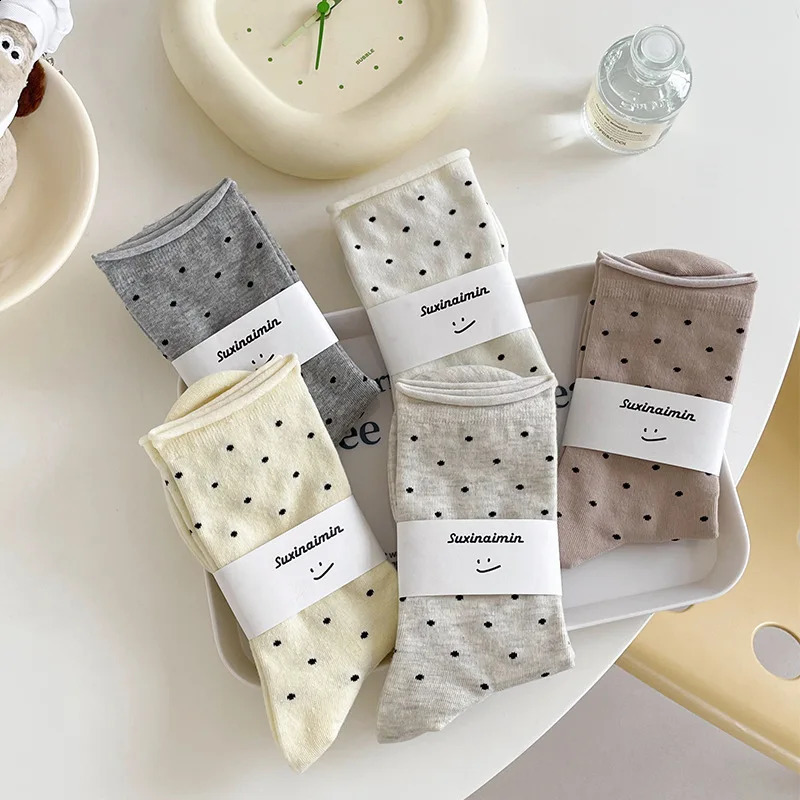 Women's spring summer thin vintage cream curled-edge women's socks polka dot mid-tube socks artistic socks women 260917