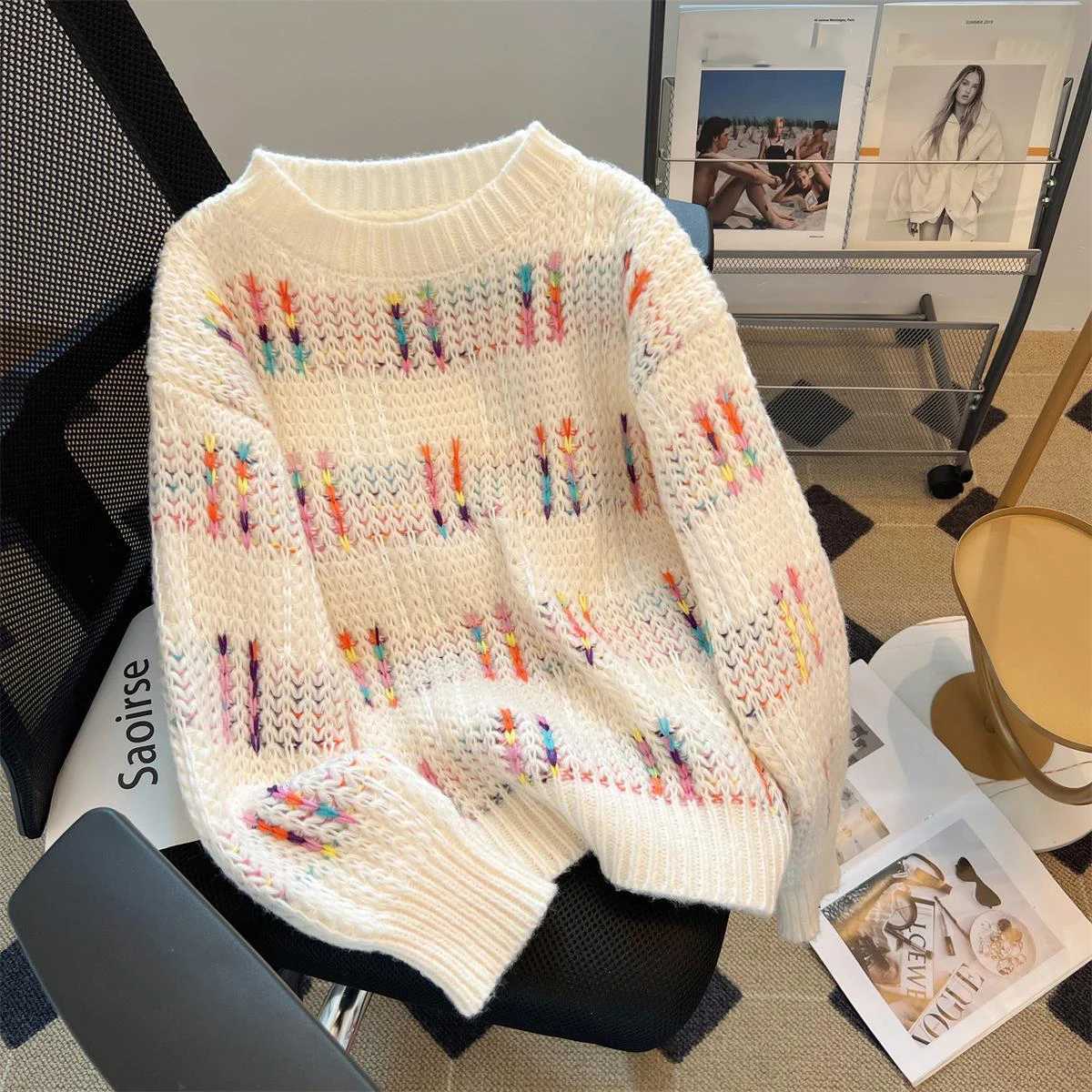 Round Early Autumn Colorful Neck Pullovers Casual Loose Long Sleeve Knitted Sweaters 2025 Trend All-matched Knitwear Tops J260916