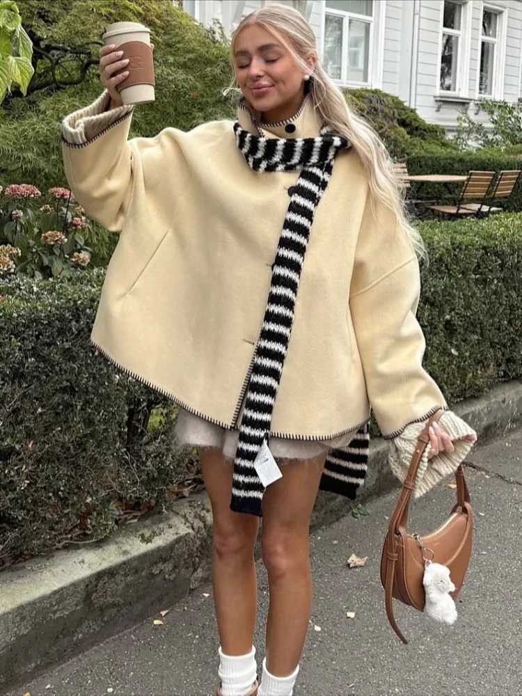 Coat Women Wool Blend Short Casual Asymmetric Button Placket Contrast Stitch Trim Long Sleeve Lady Autumn Winter Daily Outerwear D2609091