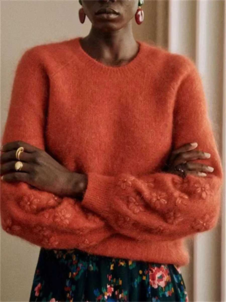 Embroidered Floral Women's Cuffs Knitted Sweater Fashion Round Neck Casual Elegant Knitwears Pullover Tops for Female J260916