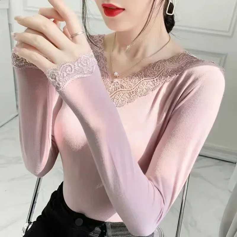 Lace V-Neck Slim Fit Women's Thermal Underwear Autumn Winter 2026 New Arrival White Undergarment Long Sleeve T-Shirt H260916