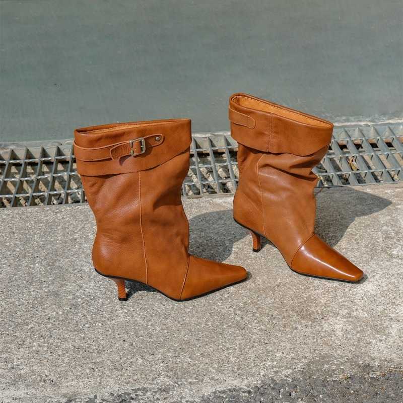 Short French Boots Pointed-toe for Women Slim Style Single Shoes 2026 Autumn New Collection Mid-calf Boots D260917