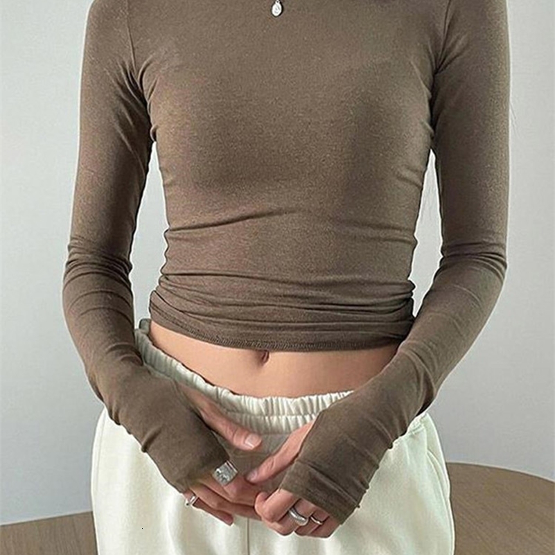 Women Casual Slim Fit Long Sleeve O-Neck T-shirts Tops Spring Fall Solid Color Tees with Thumb Holes Streetwear 260825ww
