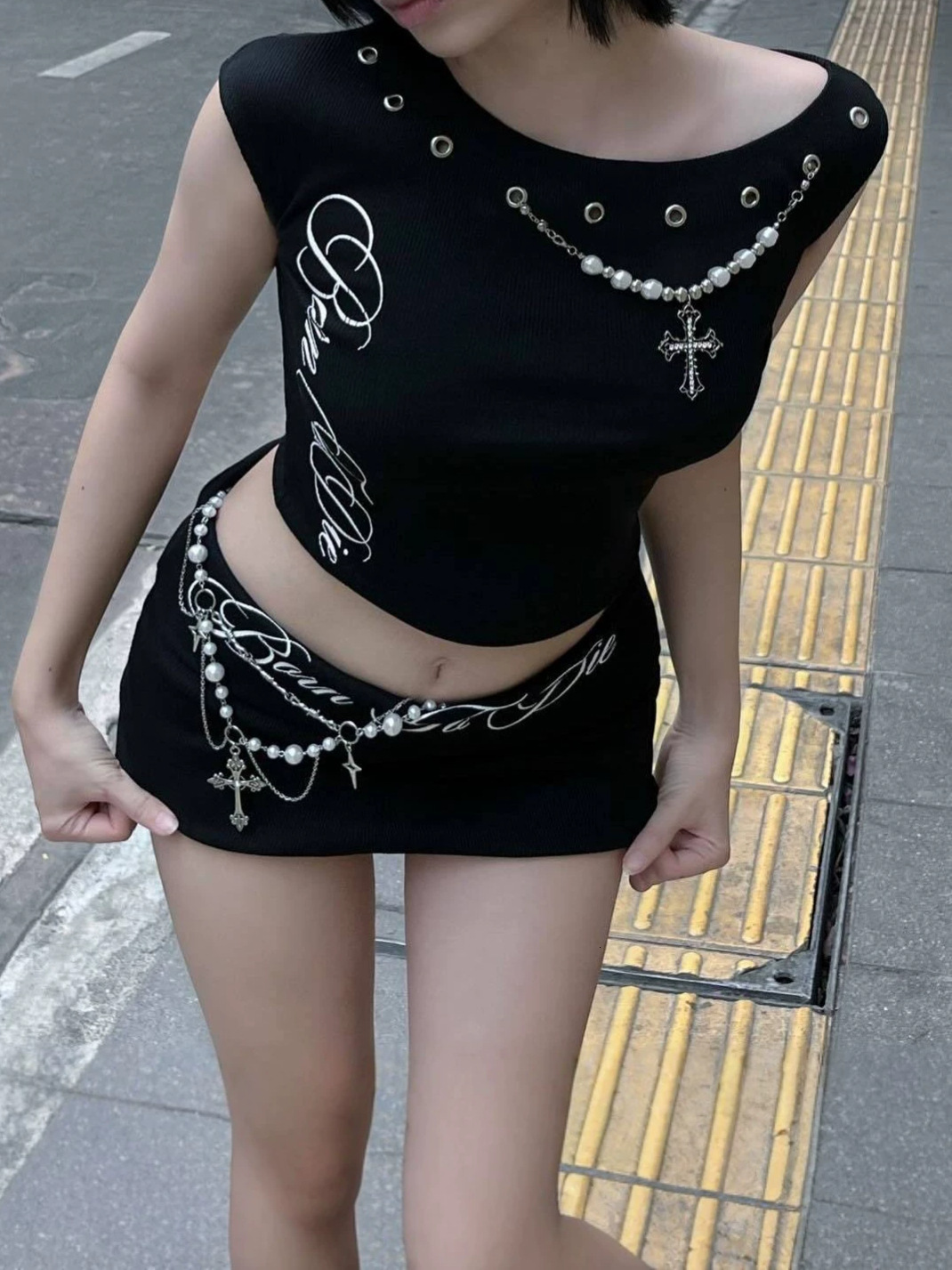 2026 new spicy girl style letter print perforated women's casual slimming asymmetrical neckline short top T-shirt 78