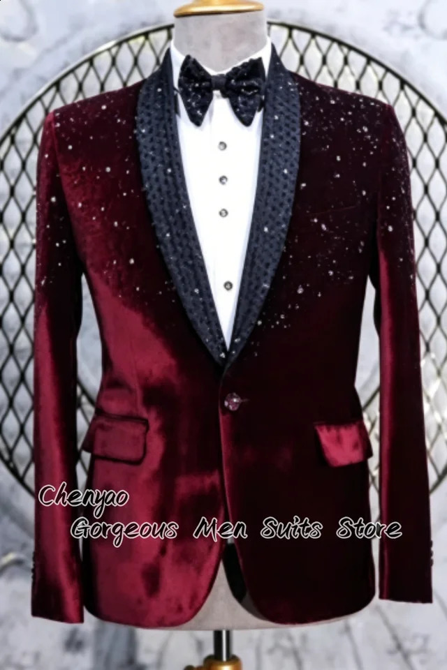 Elegant Velvet HighEnd Encrusted Men Suits Customized Groom Tuxedos 2Pcs Sets Male Prom Blazers Slim costumes hommes 260917