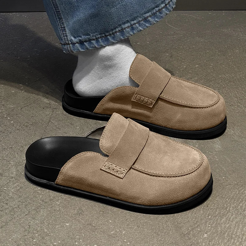 Men Slippers Outdoor Wear 2026 Genuine Leather SlipOn Mens Mules Shoes Lazy Casual ClosedToe Half 260917