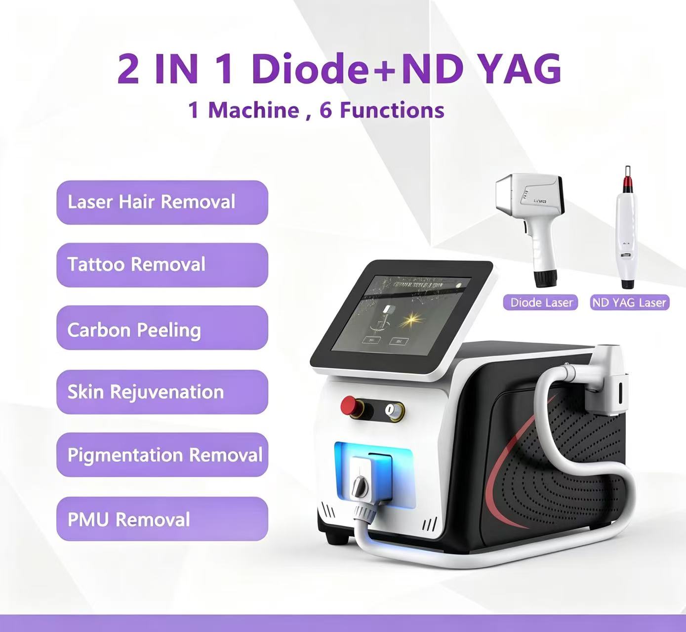 Professional 2 IN 1 Diode ND YAG Laser Machine All in One Salon Device Hair Tattoo Pigment PMU Removal Skin Carbon Peel
