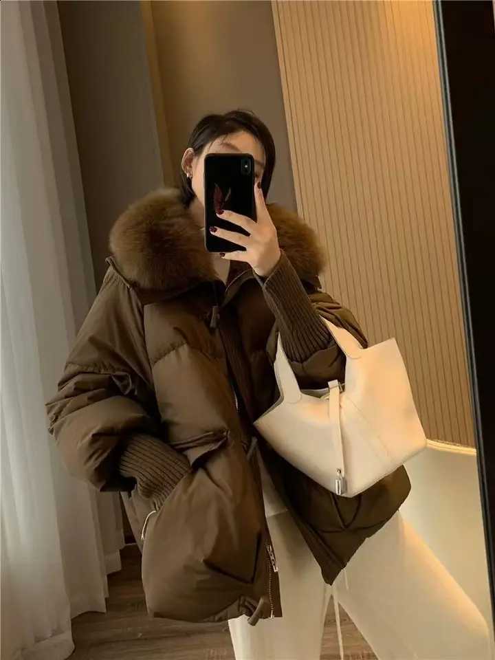 Winter New Fur Collar Puffer Down Parka Loose Down Warmer Thicken Snow Jacket Pocket Zipper Faux Fur Outerwear Female H260917