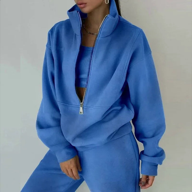 Winter Women Casual Matching TwoPiece Set Zip Up Sweaters Solid Colar Sweatpants Outfits Two Pieces Suits 260916