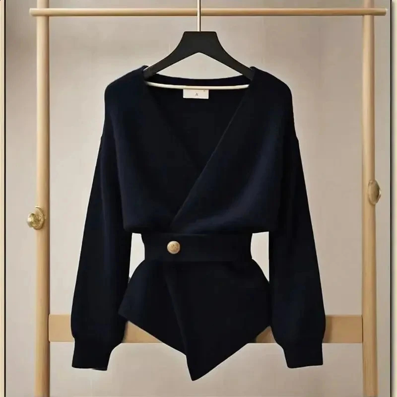 y Irregular Cashmere Sweater Women Autumn Winter High End Button Belt Wool Knit Cardigan Fashion Knitwear Slim K171 260917
