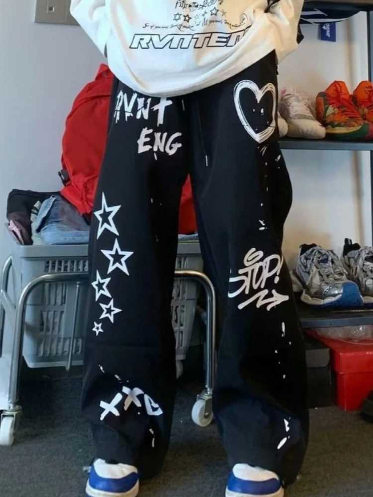 European Station 2023 Autumn New Fashion European and Korean Style Swt Cool Letter Graffiti High-Waisted Wide-Leg Straight Swe Q260917
