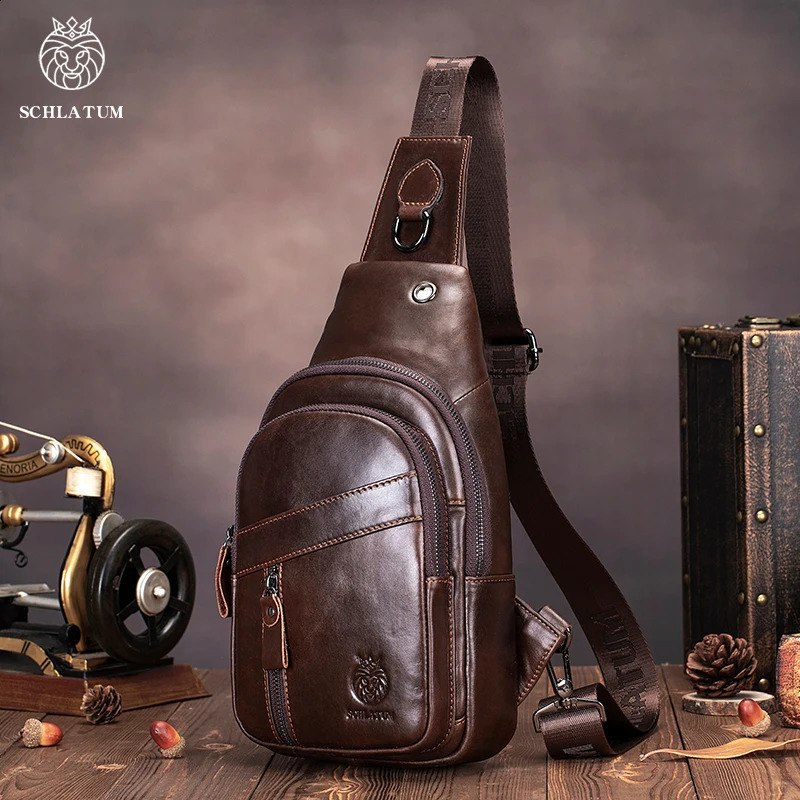 SCHLATUM Genuine Leather Chest Bag For Men's High Quality Vintage Men Zip Pocket Travel Fashion Crossbody Messenger 260917