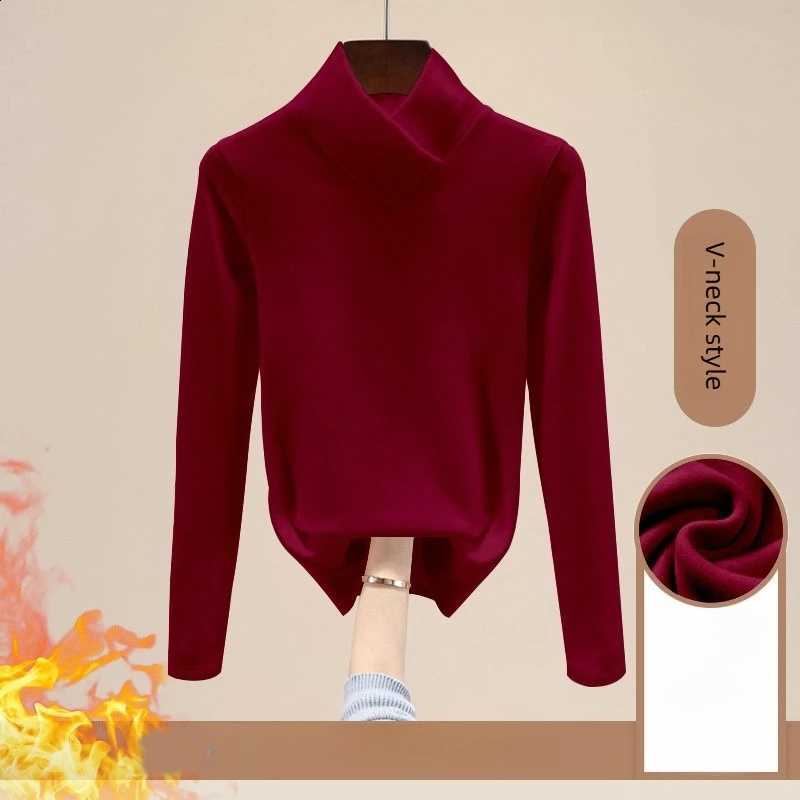 Women Autumn Winter New T-Shirts Solid V-Neck Plus Velvet Thicken Warm Tops Fashion Long Sleeve Slim Pullovers Bottoming Shirt H260916