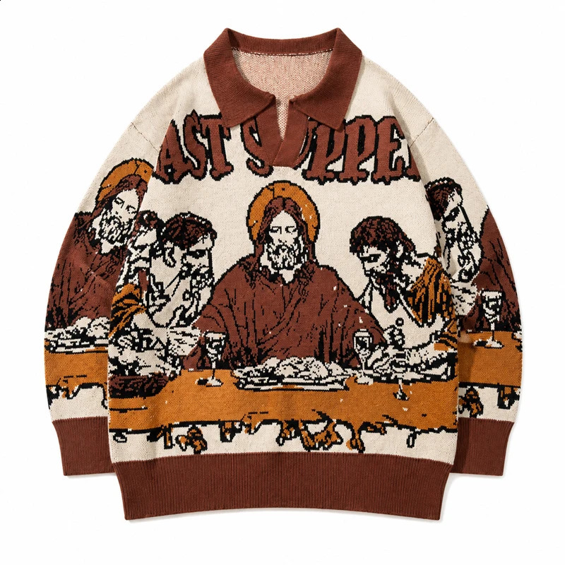 Autumn Men's High Street knitted Sweaters Retro Collar Sweater Cotton Harajuku Loose Velvet Pullover Sweater Women's Streetwear 260917