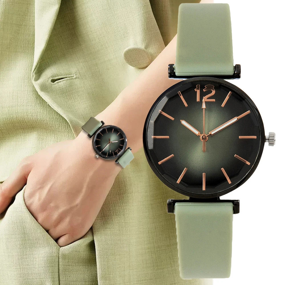 Elegant Womens Gradient Green Watch Black Case Silicone Strap Quartz Wristwatch Ladies Casual Minimalist Watches 260916