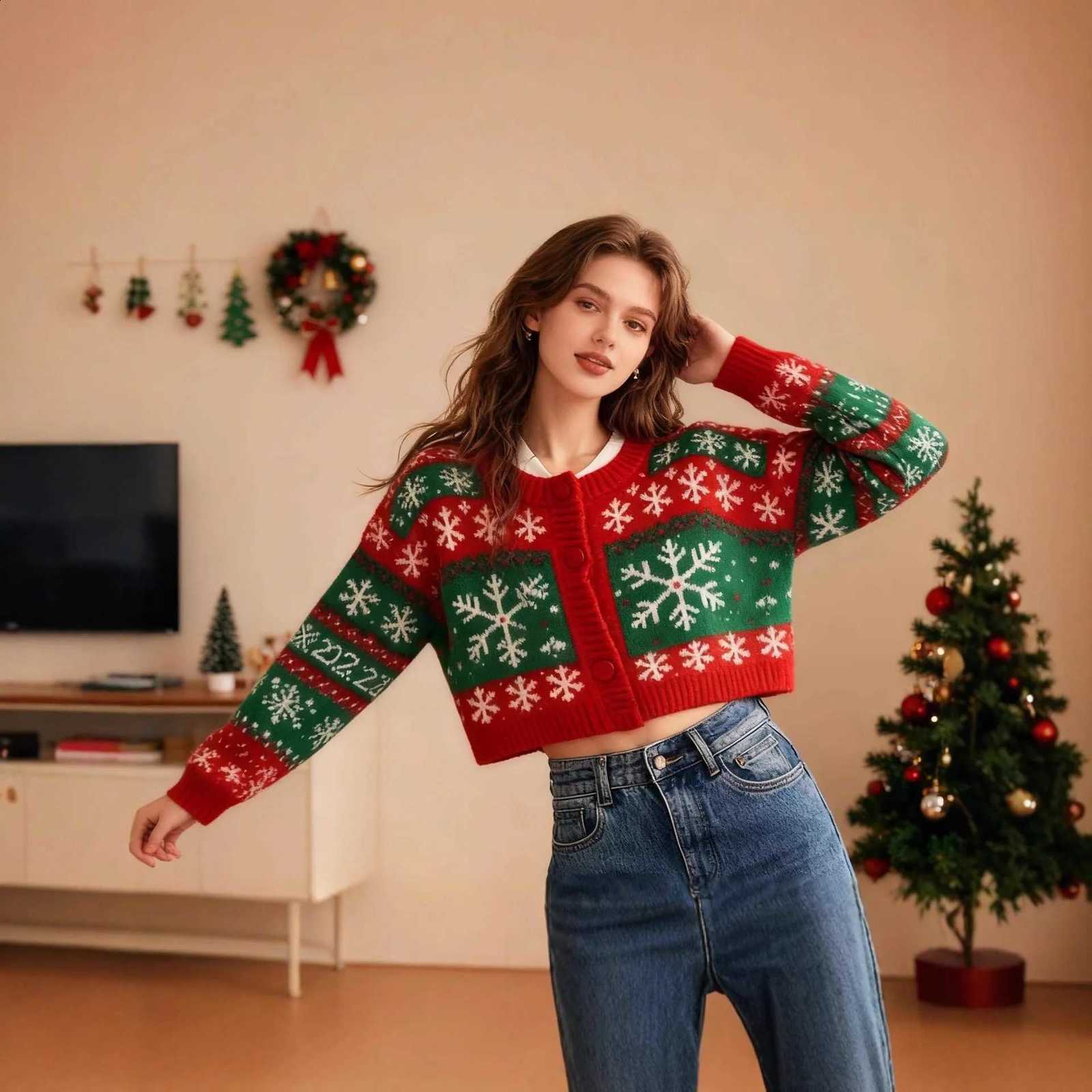 2025 New Arrival Christmas Sweater Round Neck Long Sleeve Short Cardigan Snowflake Single-Breasted Button-Up Red Green Knitwear X260916