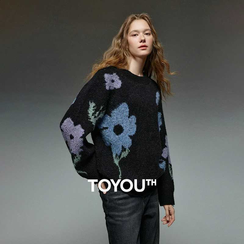 2025 TOYOUTH Women Sweaters Winter NewAsymmetric Glutinous Rice Velvet Warm Flower Intarsia Top J260916