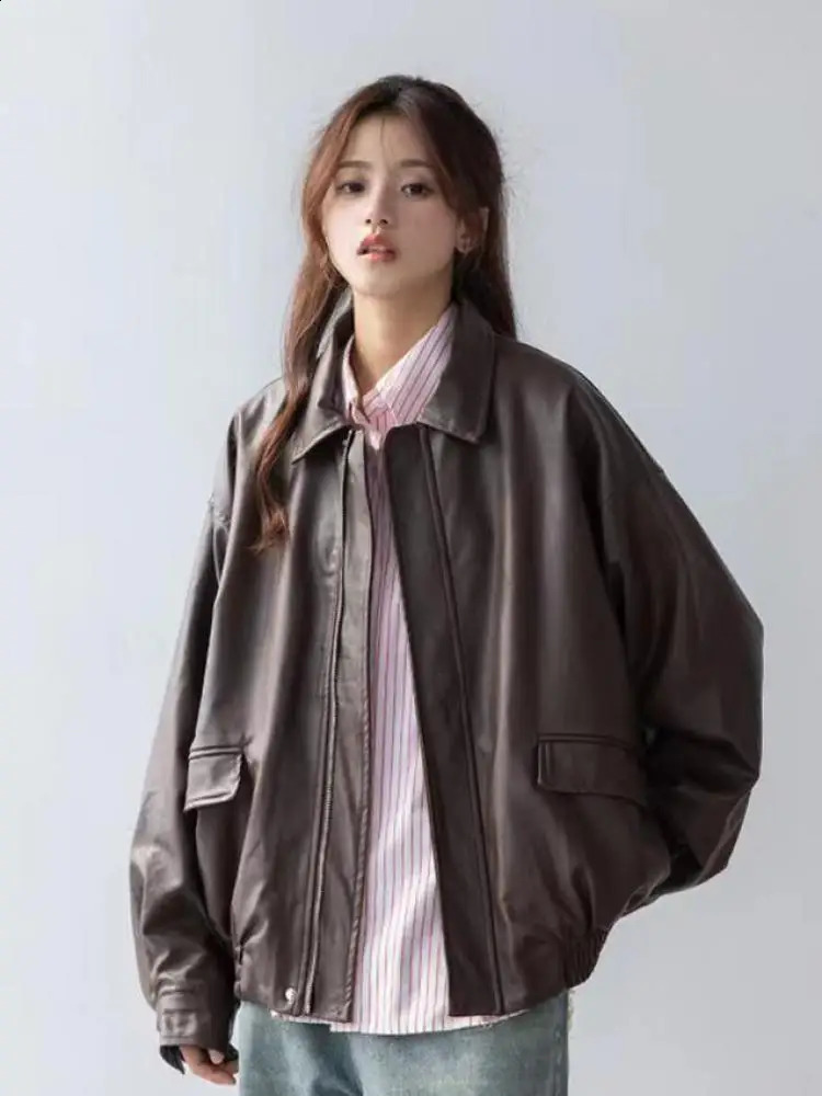 Spring Autumn Loose Short Pu Leather Jacket Women American Vintage Zipper Casual Streetwear Jackets And Coats Fashion 260916