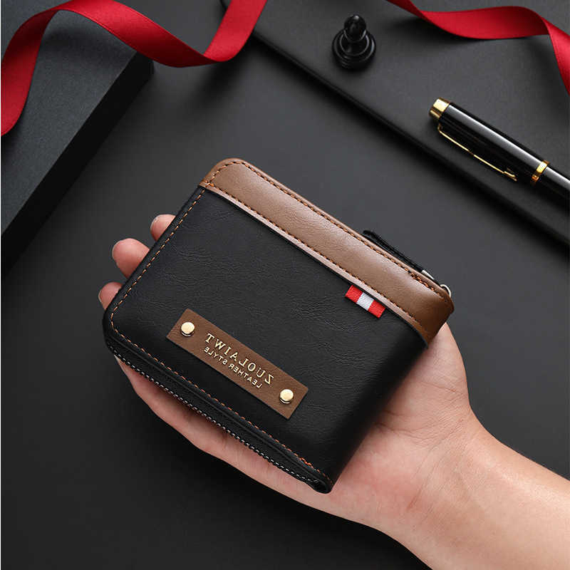 Retro Short Men Wallet Three Fold Splicing Color Design Multifunctional Business Wallet with Hidden Pocket for Daily Casual UseT260917