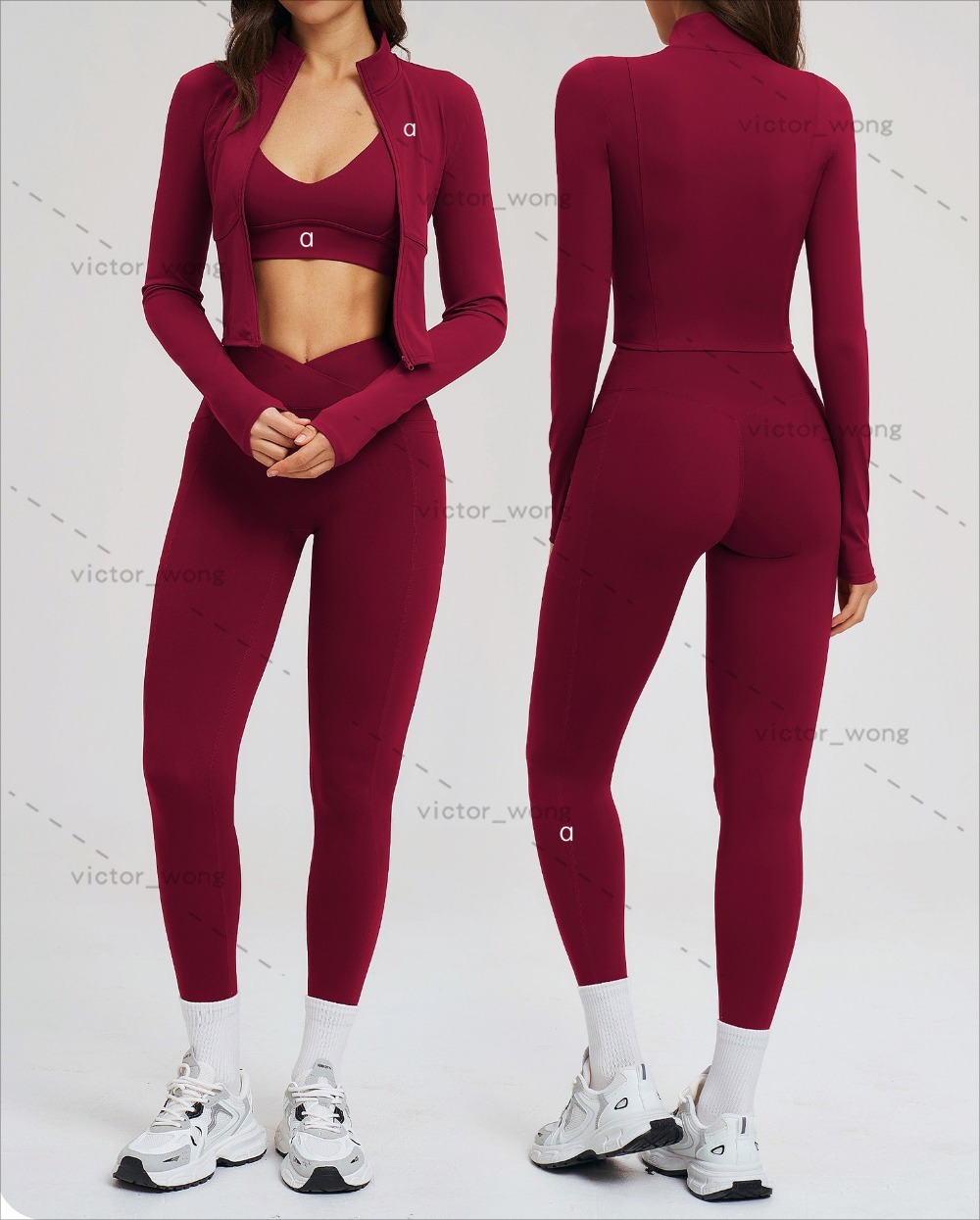 2539 Designer Women 3 Piece Yoga Outfit Zip Up Long Sleeve Jacket Sports Bra Crossover High Waist Leggings Fitness Activewear Set