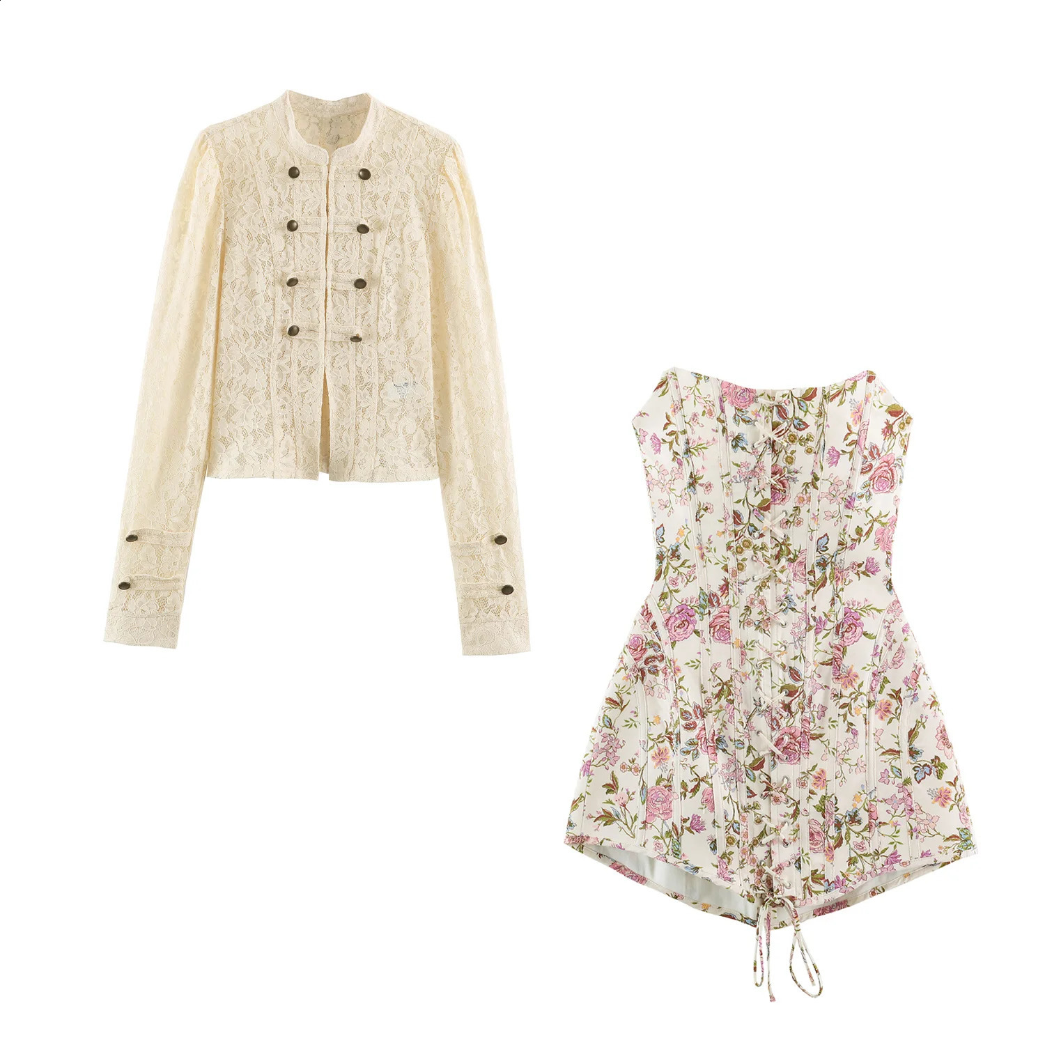 2026 Summer Womens Elegant 2 Pcs Sets Chinese Knot Button Lace Jacket Coat Tops Lady Chic Floral Print Crop Mini Dresses Outfit 260916