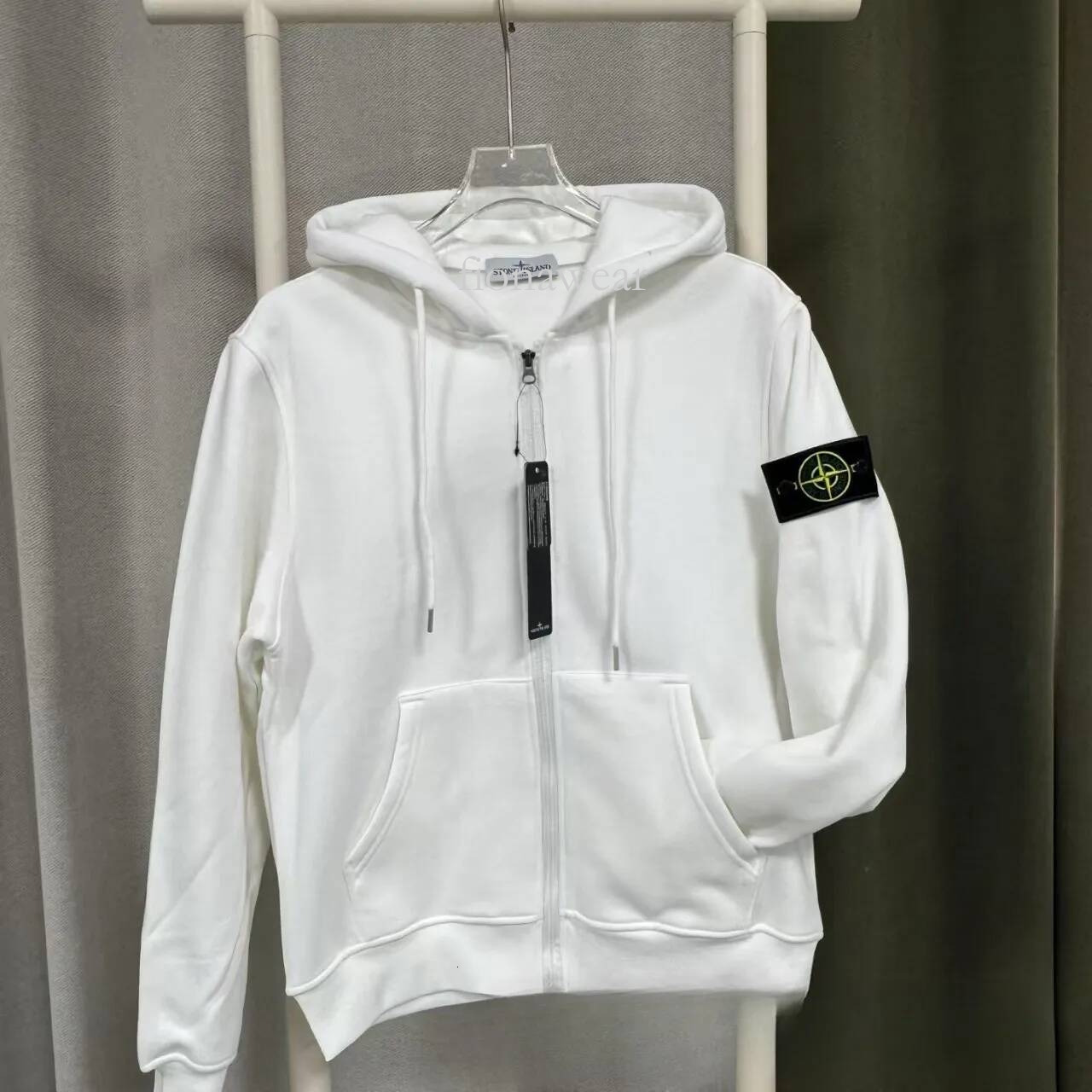 25 Cross border STONE Basic Zipper Hooded Sleeve Badge with Velvet Men's and Women's Solid Color Fashion Hoodie Long Sleeve Coat f07