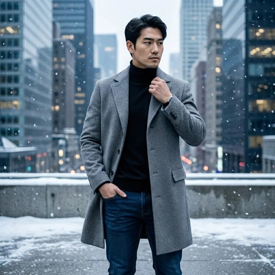 Men's Stylish Single Breasted Woolen Blend Long Jacket Warm Coats for Autumn Winter Solid Color Outerwear 260916
