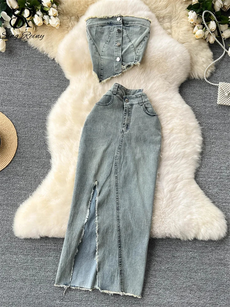 SINGREINY Streetwear Irregular Denim Two-piece Set Strapless Button Ruched TopHigh Waist Pocket Split Skirt Fashion Suit 260917