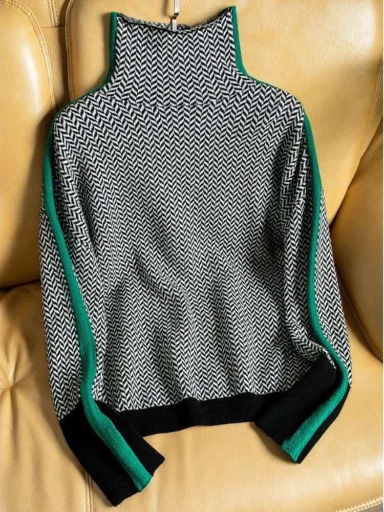Winter Women's Turtleneck Sweater Warm Pullover Commuter Elegant Top Loose Casual Women's Top Retro Contrast Color 260917