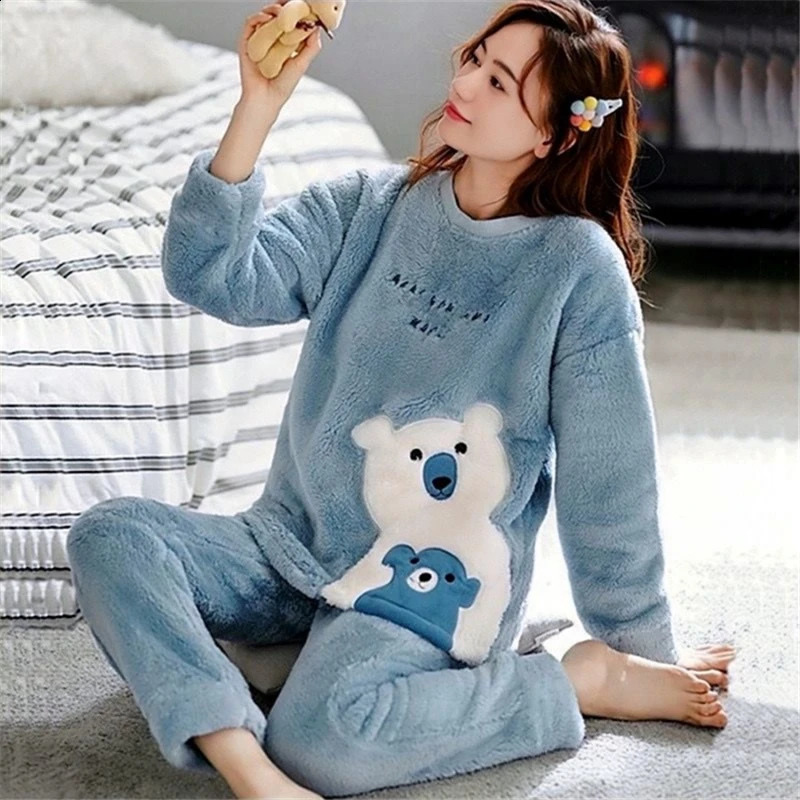 2PCS/Set Thickened Warm Plus Size Ladies Pyjamas Flannel Autumn Winter Sweet Coral Velvet Long-Sleeved Trousers Bear Outside 260917