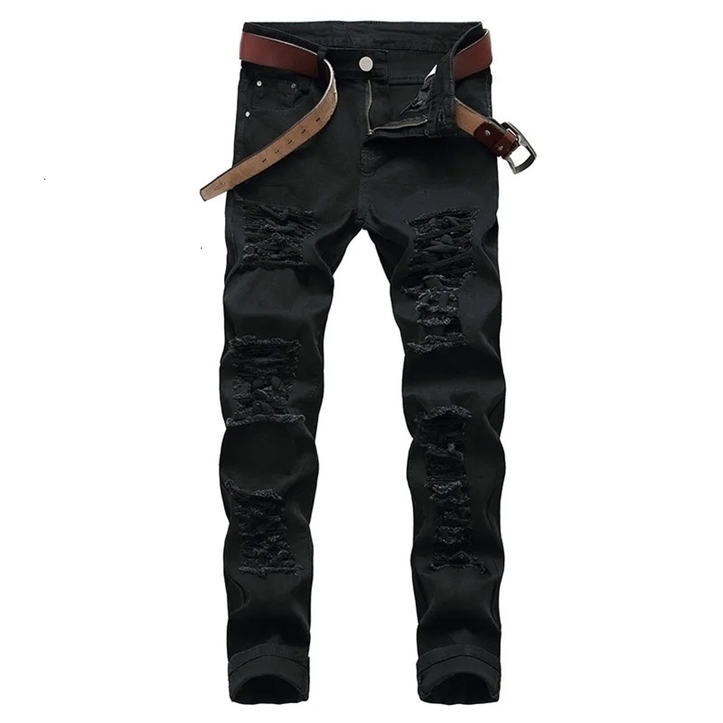 2025 Hole Denim Pants Men's Ruined Jeans Solid Slim All-match High Street Hip Hop Trousers Red White Large Size 260916