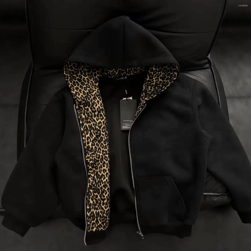 Mens Leopard Print Lined Zip Hoodie Contrast Inner Splice Autumn Clean Fit Streetwear Loose Male Casual Cardigan Hooded Jacket