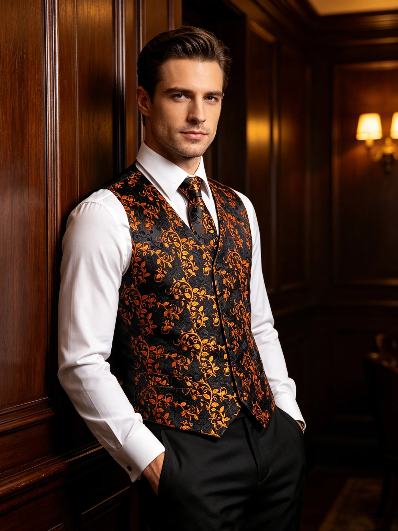 Black Orange Floral Jacquard VNeck Waistcoat Combo Tie Square Cufflinks For Carnival Evening Performance 260917