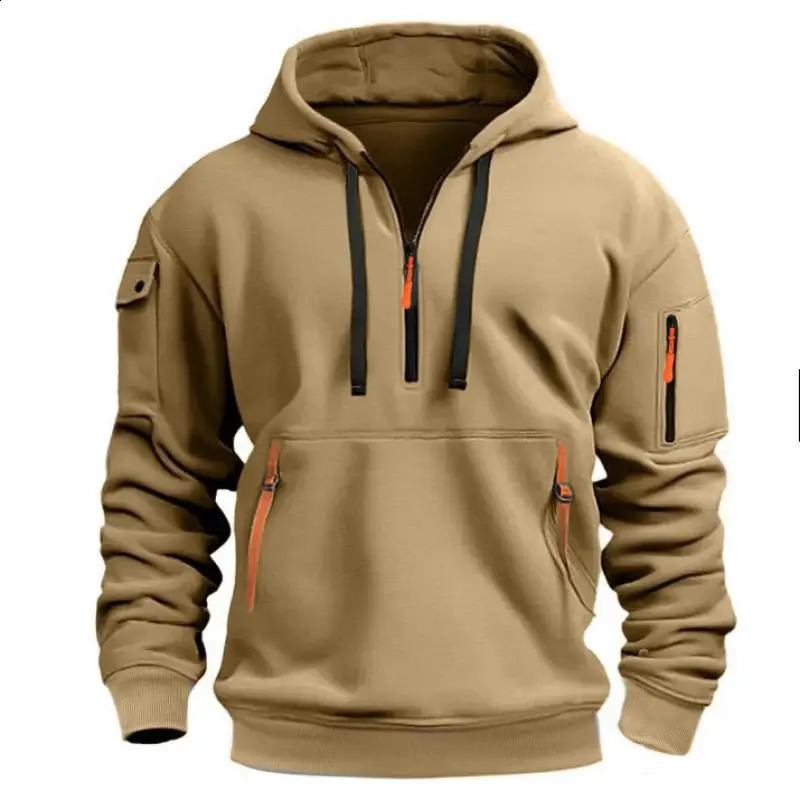 Autumn Winter Men's Hooded Hoodies Solid Long Sleeve Multi-pocket Zipper Pullover Sports Sweatshirt Harajuku Casual Streetwear 260916