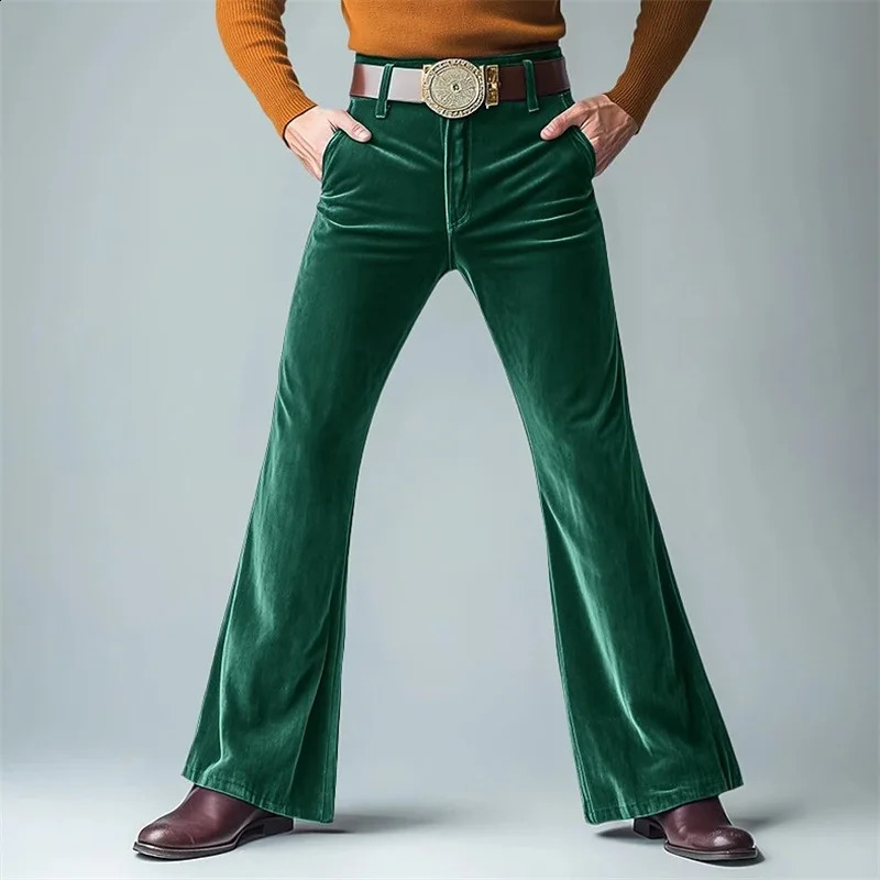 Mens Velvet Trousers Flare Dress Pants for Men Solid Color Slim Fit Bell Bottom Casual Formal Wedding Office 260917