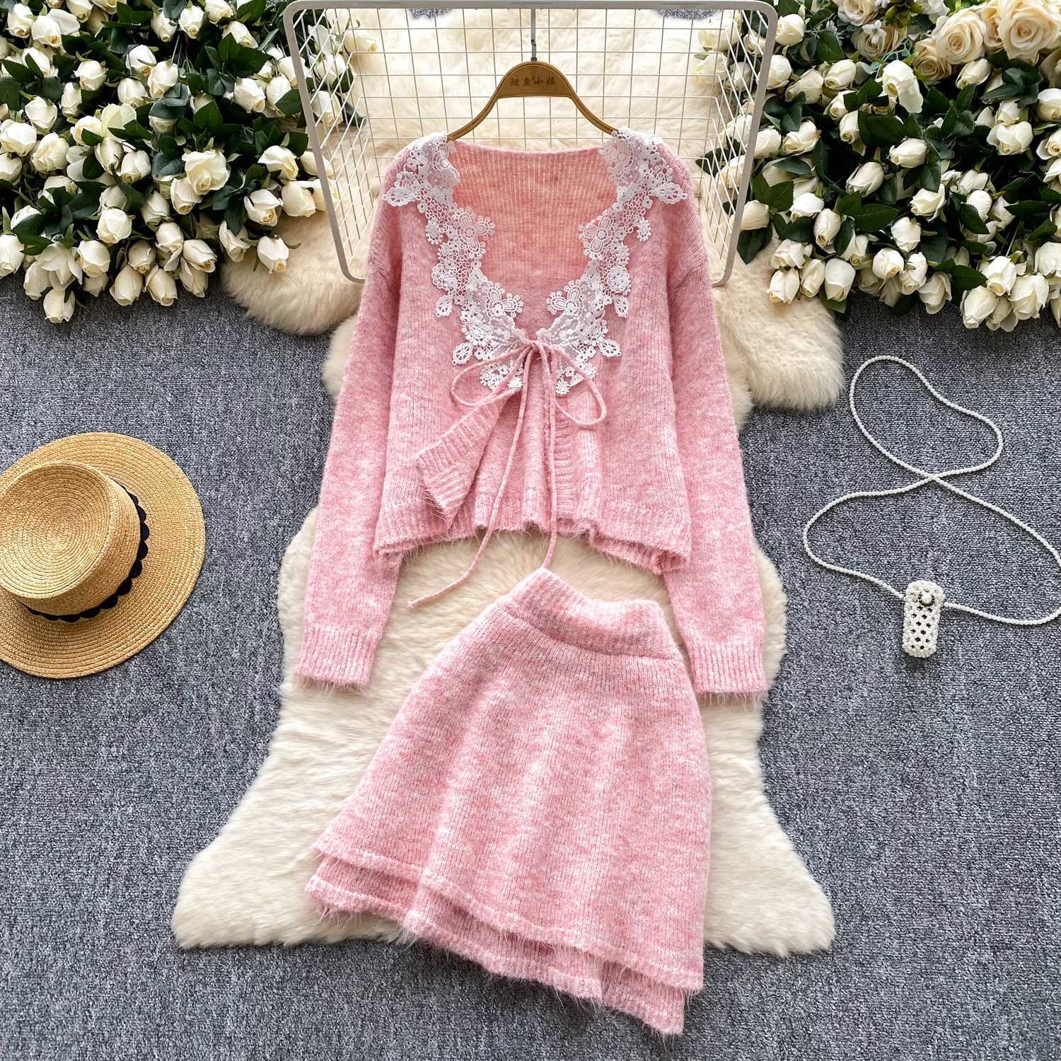 Sweet Two Pieces Knitted Women's Skirt Set Lady Spring Autumn Lace V Neck Lace Up Long Sleeve Loose Short Cardigan + Mini SkirtW260915