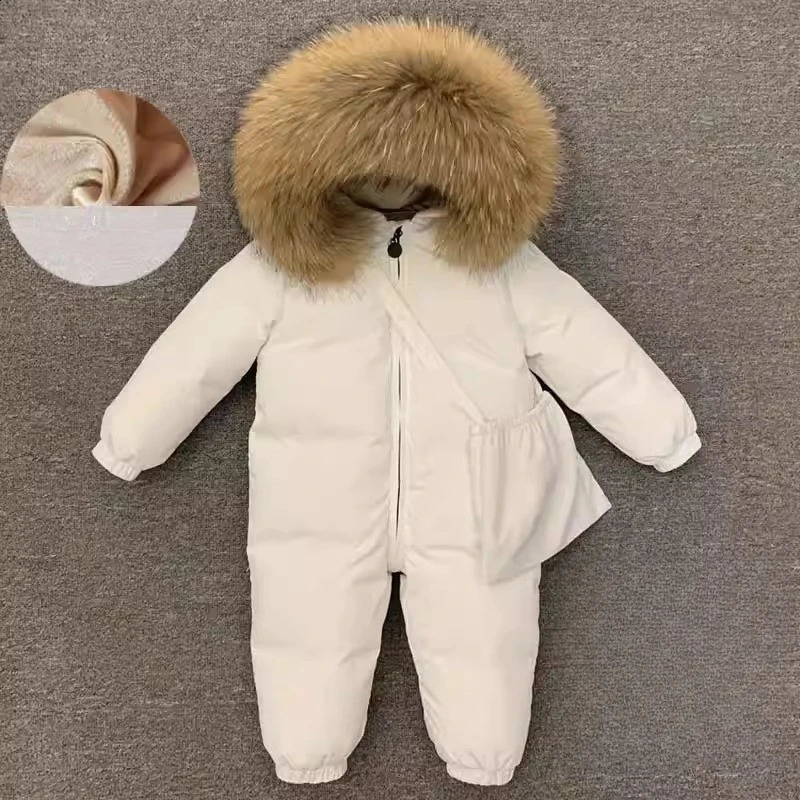 2026 Winter Children Boys Girls Baby Big Fur Collar Thickened Children's Clothing Seamless One-piece Down Jacket 260915
