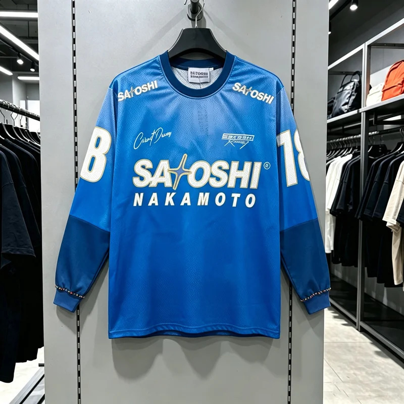 Mesh SATOSHI NAKAMOTO Racing Digit 18 Print Splic Embroidery Beading T Shirt Men Women Loose Quick Dry Breathe Long Sleeve Tops 260917