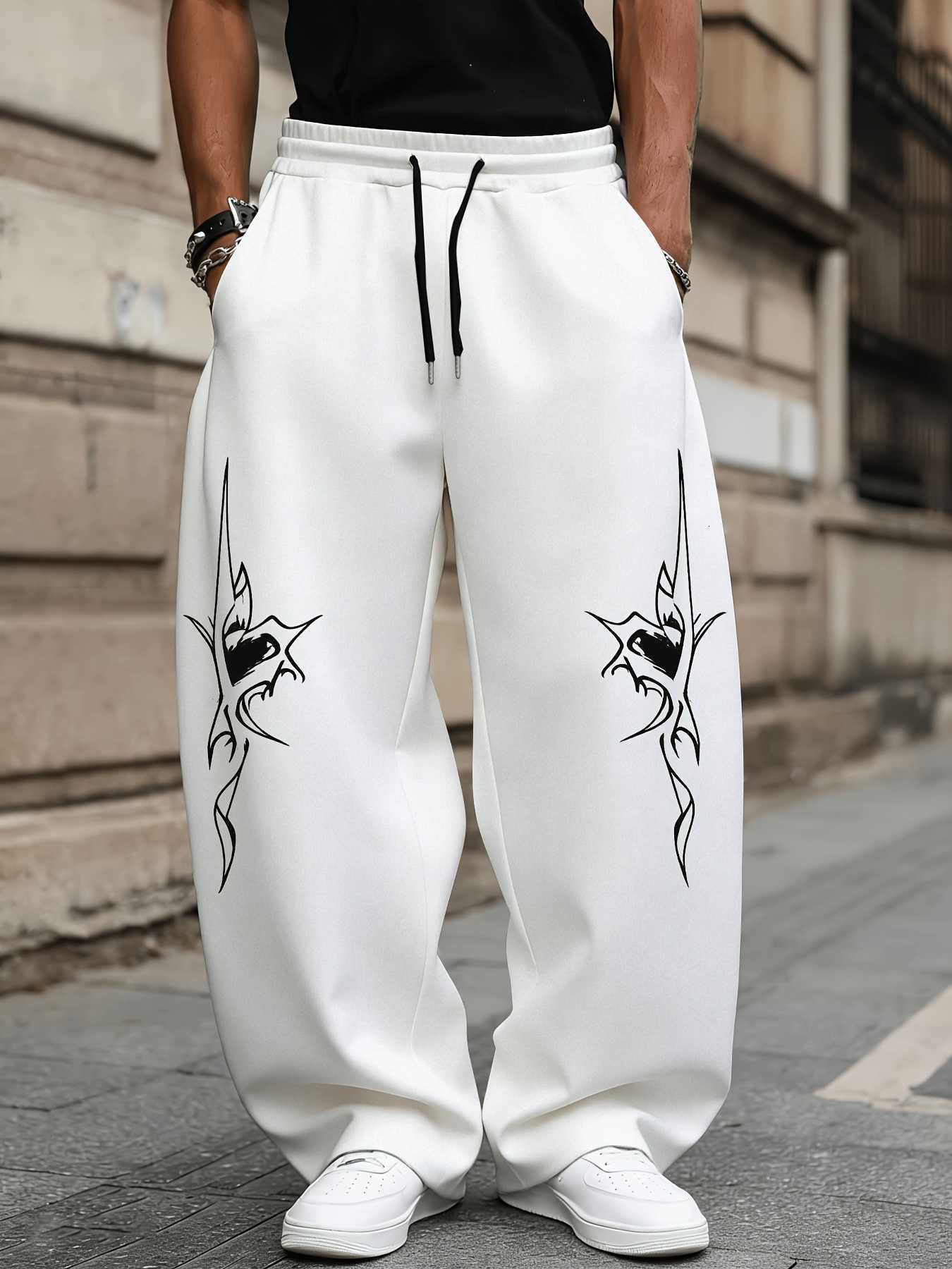 Casual Straight Men's Leg Pants with Original Gothic Pattern Print and Drawstring Loose Casual Sports Pants Daily Casual PantsT260917