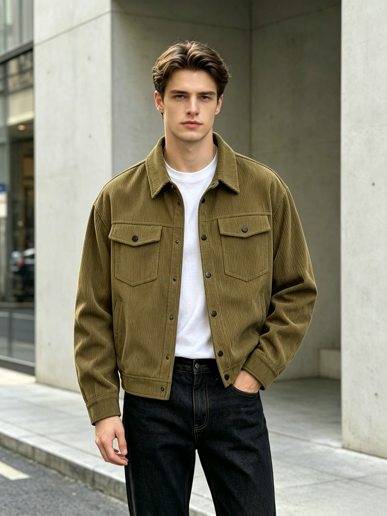 Men's Vintage Corduroy Casual Loose Fit Trucker Coat Turn-Down Collar Button Down Work Jacket With Chest Pockets Spring A 26Y0917