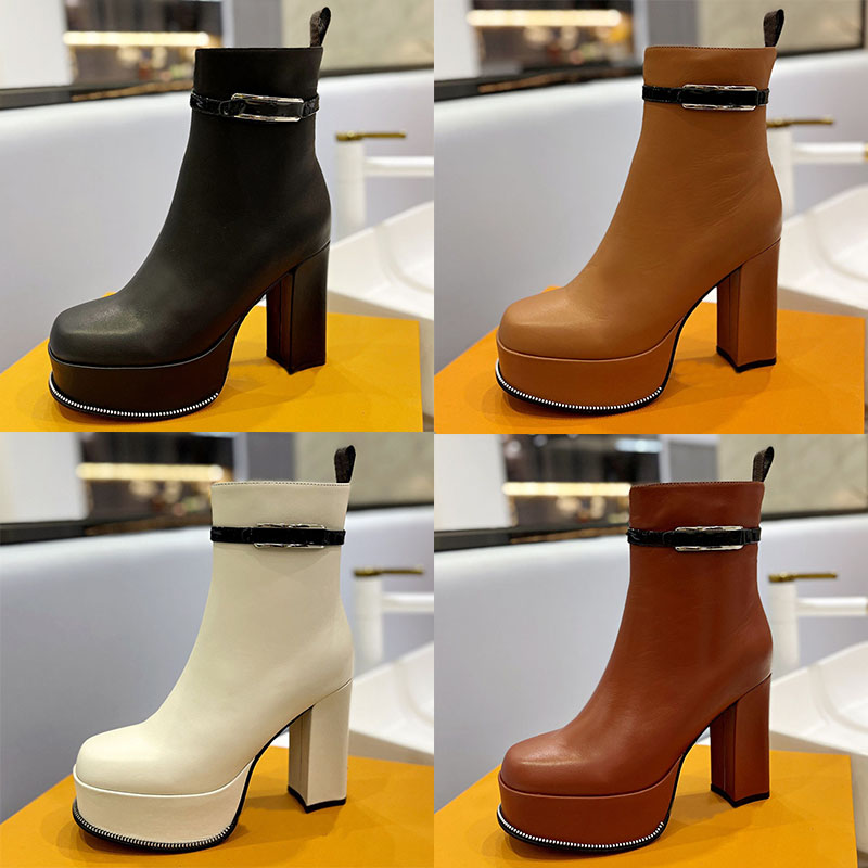 Luxury Ankle Boots Women With Designer Buckles Thick Soled High Heeled Short Boots Delicate Leather Simple Atmospheric Eye Catching Versatile Party