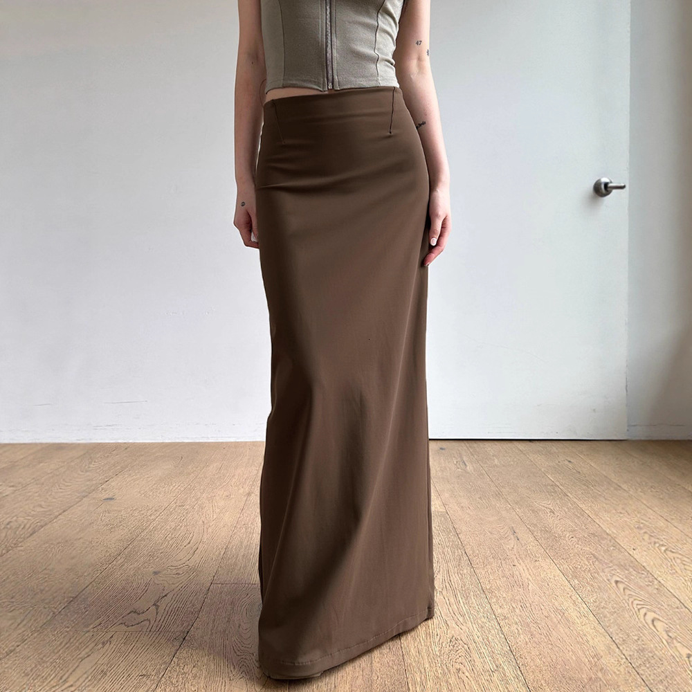 2025 American retro style one-piece hip-hugging for women, high-waisted, solid color, slim fit, flowing, casual, with a slit, long skirt 83